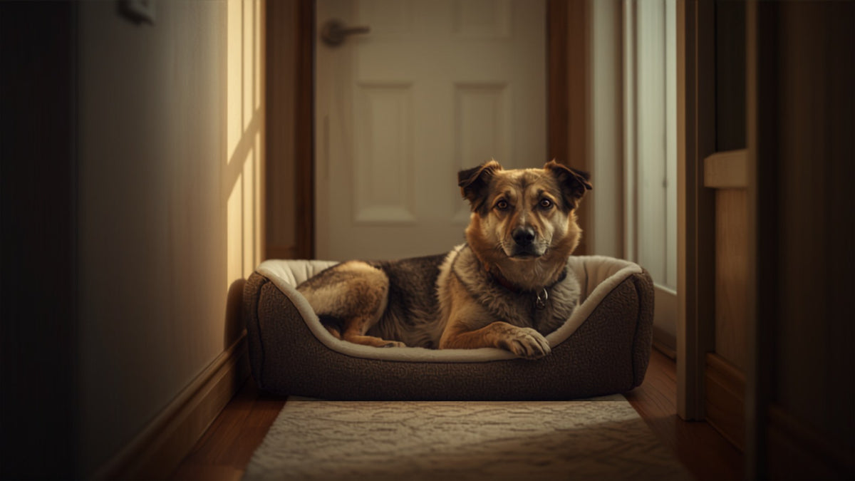 Cane che aspetta tranquillo accanto alla porta di casa