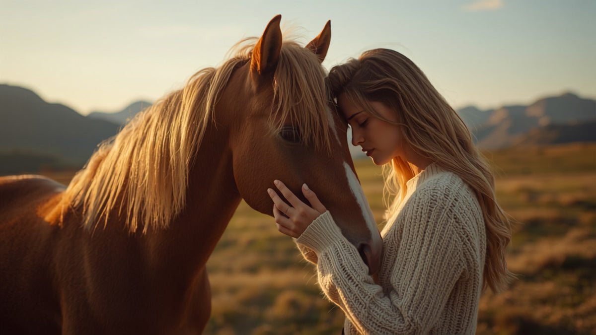 Haflinger mit Reiterin in den Bergen