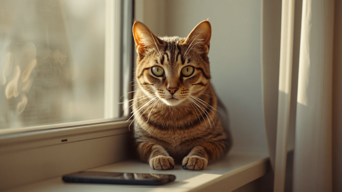 Gatto tigrato sul davanzale con luce laterale