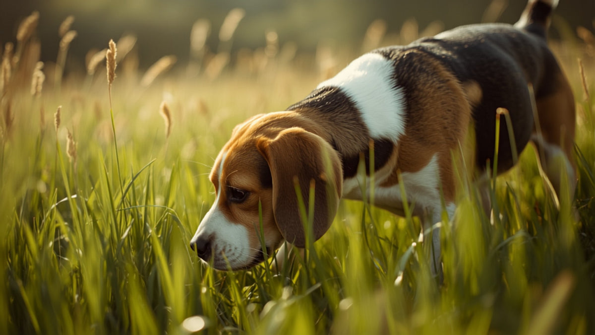 Beagle che annusa nell'erba alta