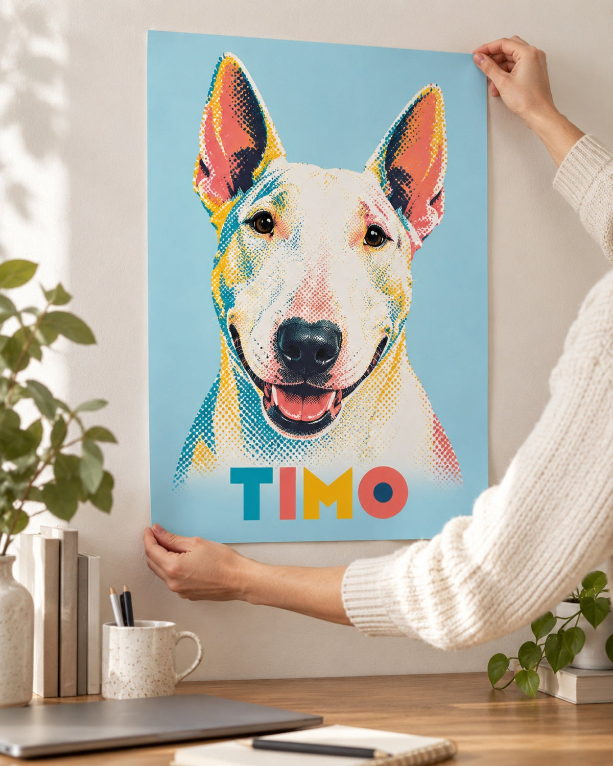Bullterrier im Pop-Art-Stil als Poster an der Wand