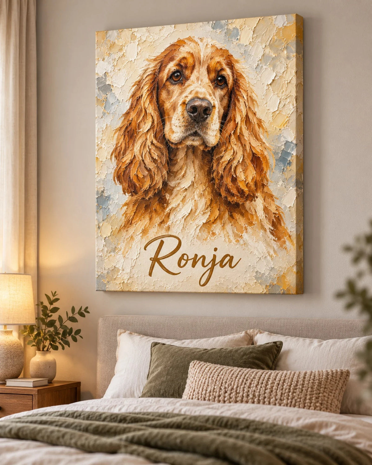 Cocker Spaniel im Stil eines Ölgemäldes auf Leinwand über einem Bett
