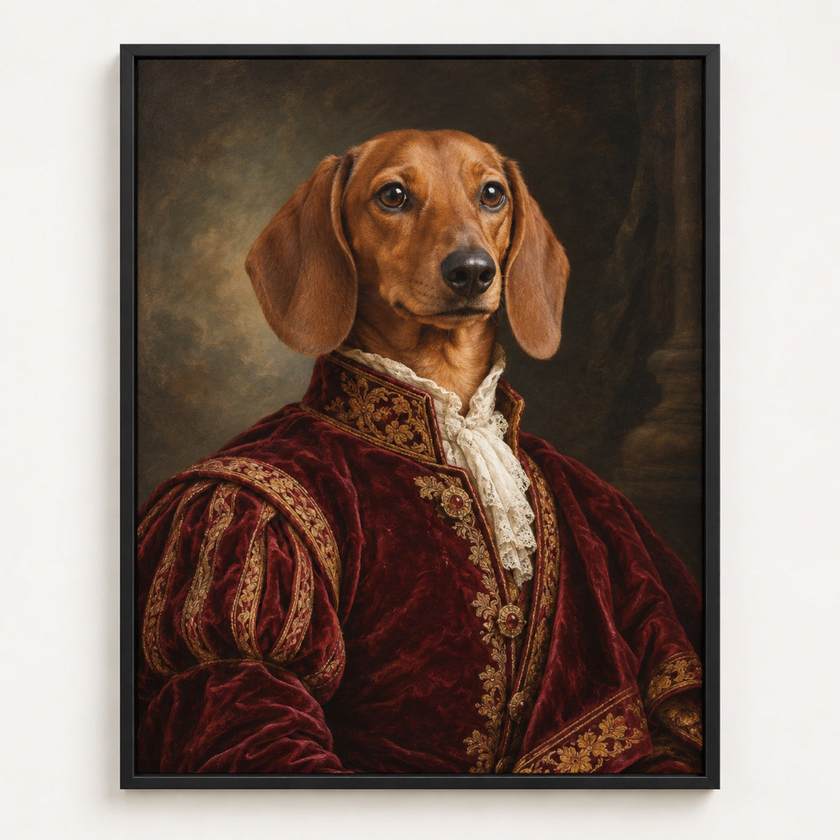 Ritratto di un bassotto in stile Royal come poster con cornice in legno, formato e cornice determinano il prezzo