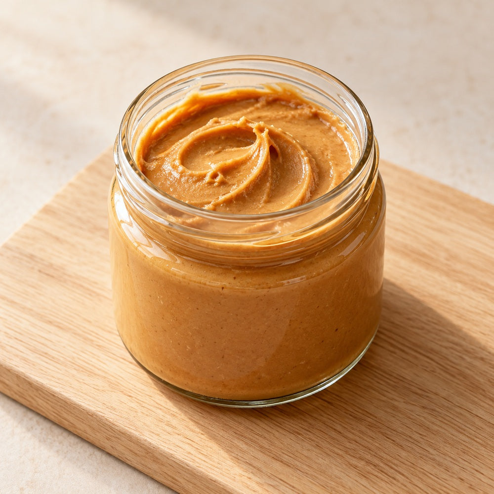 Erdnussbutter auf einem hellen Holzbrett