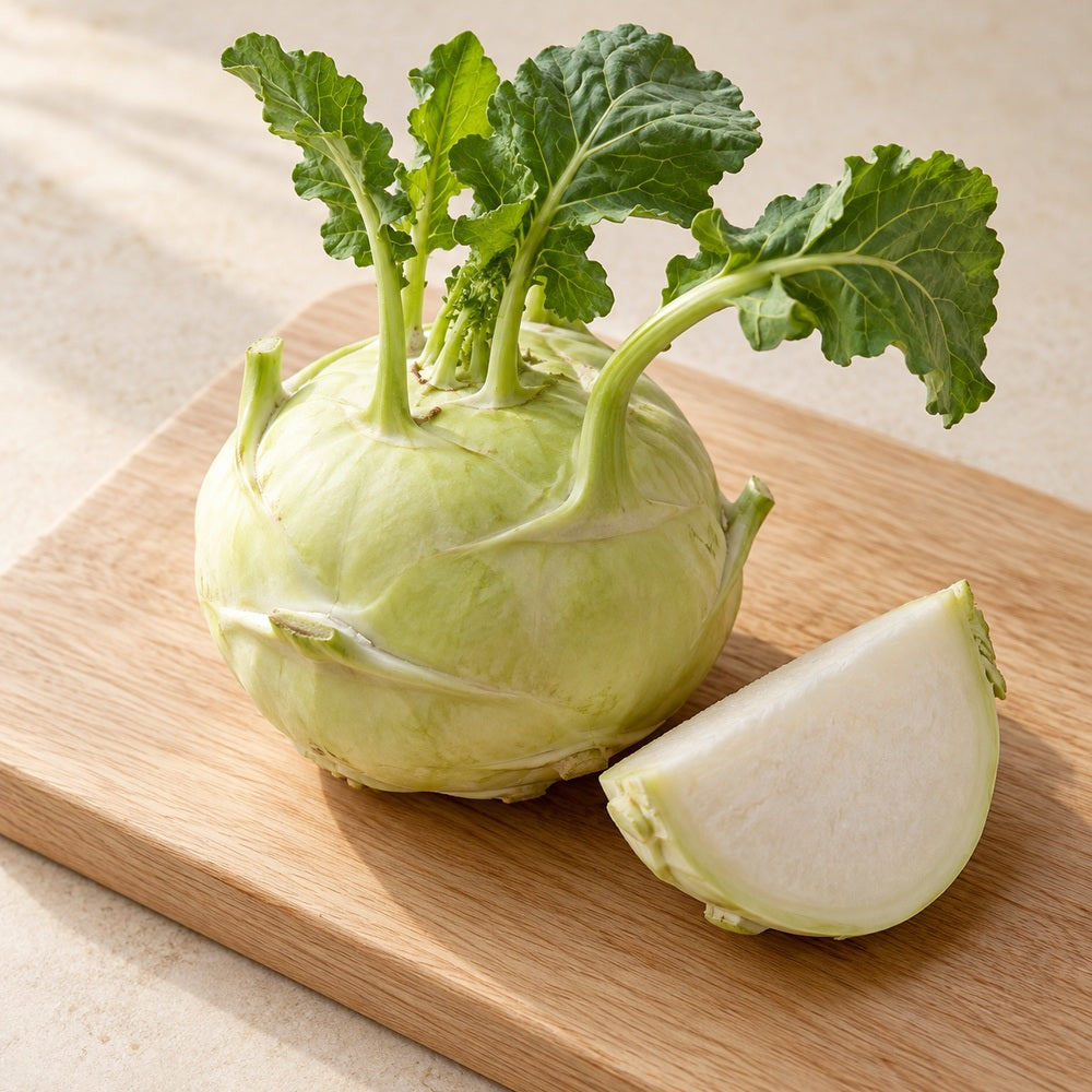 Kohlrabi auf einem hellen Holzbrett