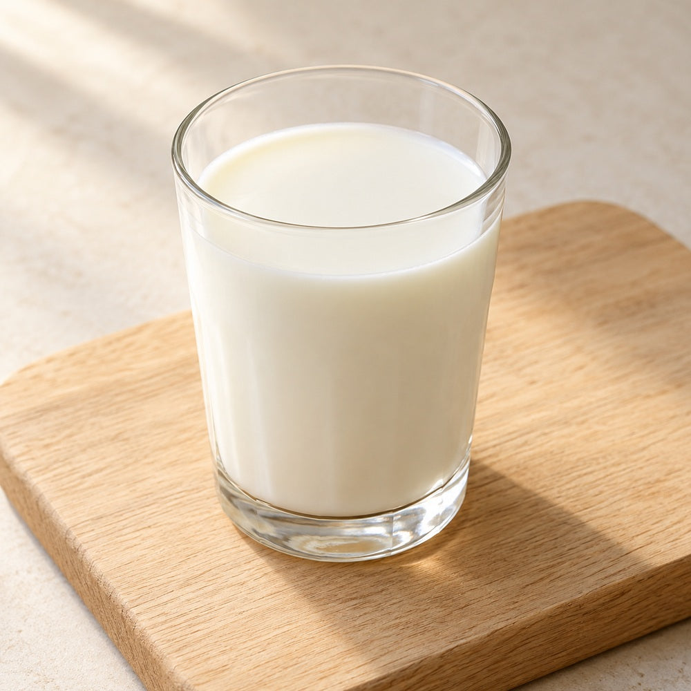 Milch auf einem hellen Holzbrett
