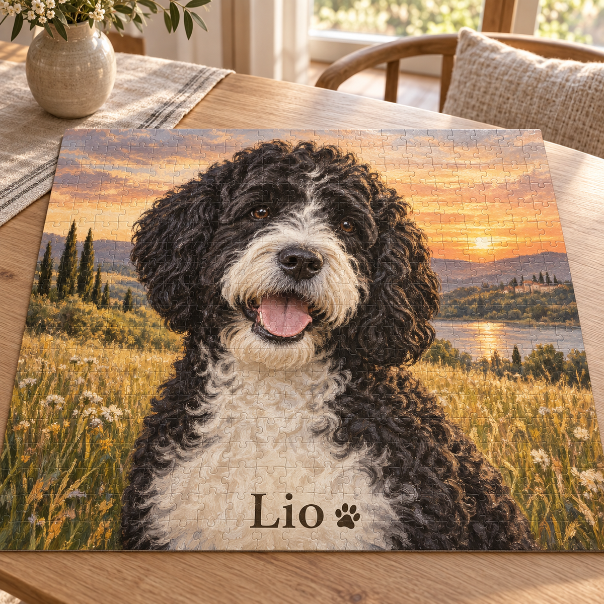 Portugiesischer Wasserhund im Ölgemälde-Stil auf einem Puzzle mit Sonnenuntergang