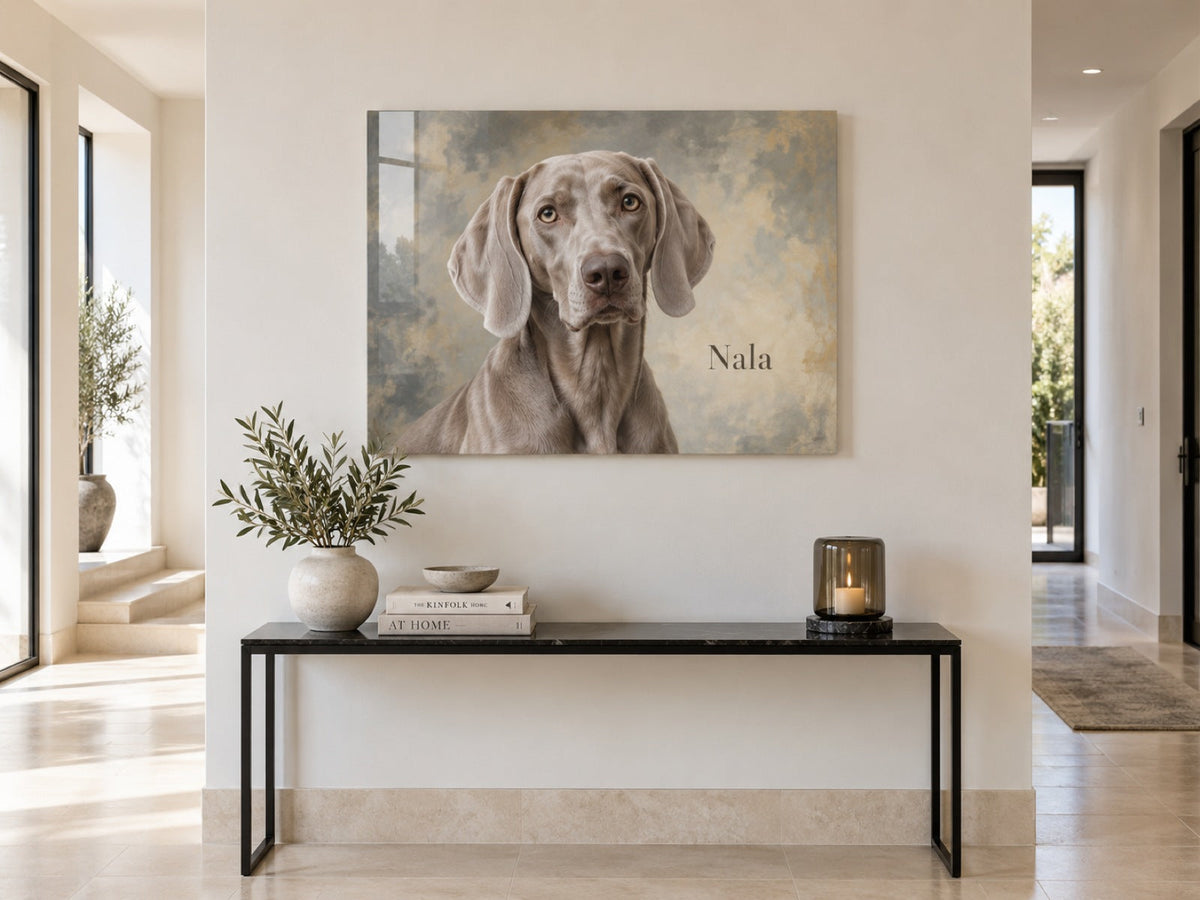 Weimaraner im Stil eines Ölgemäldes auf Acrylglas über einer Konsole im Flur