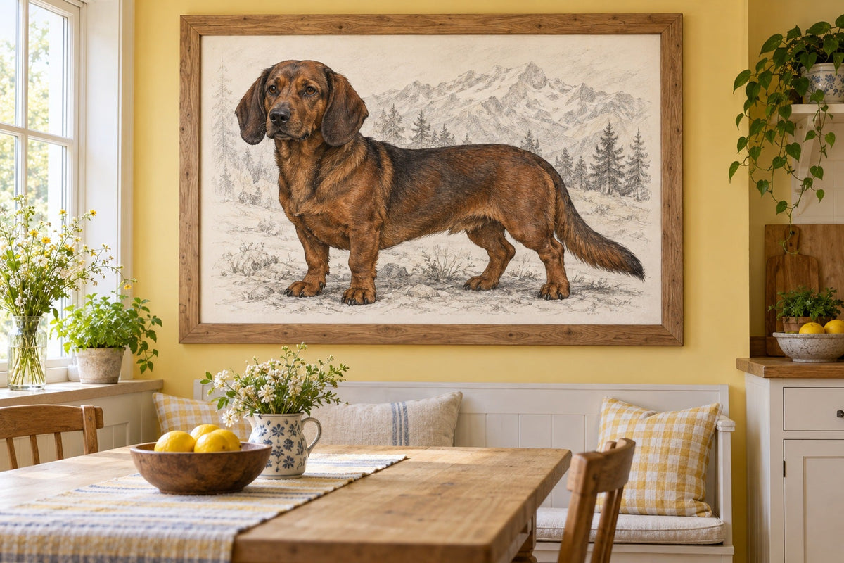 Alpenländische Dachsbracke als Wandbild im Stil Kohle-Sketch, Raum: gelbe Wohnküche
