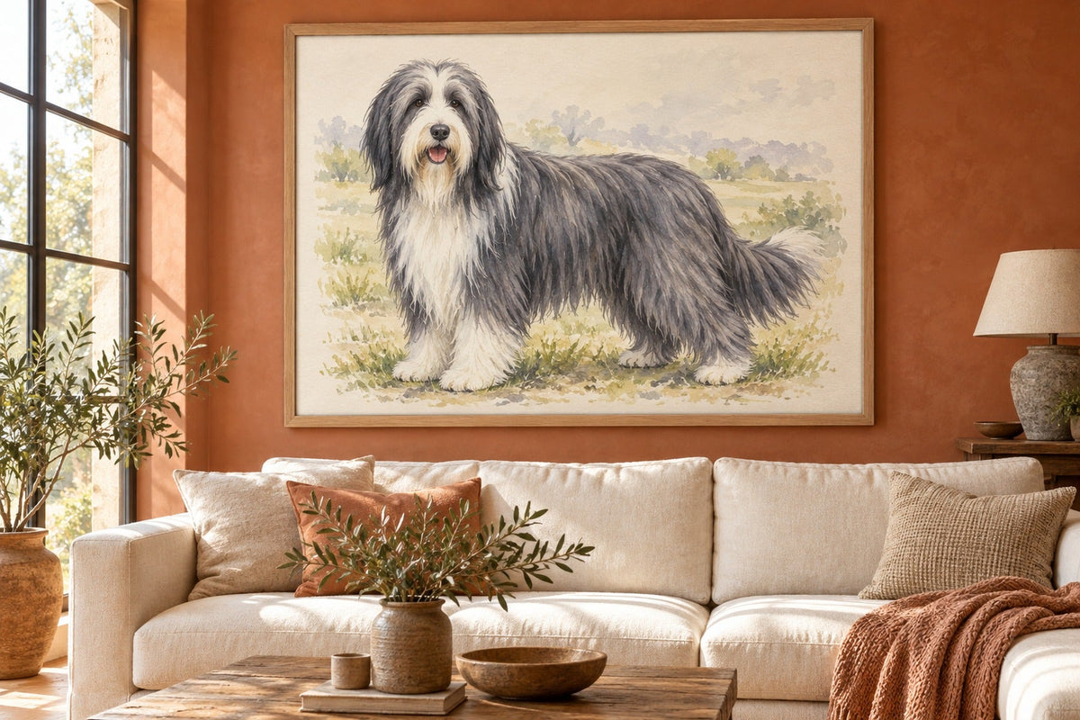 Bearded Collie als Wandbild im Stil Aquarell, Raum: terrakottafarbenes Wohnzimmer