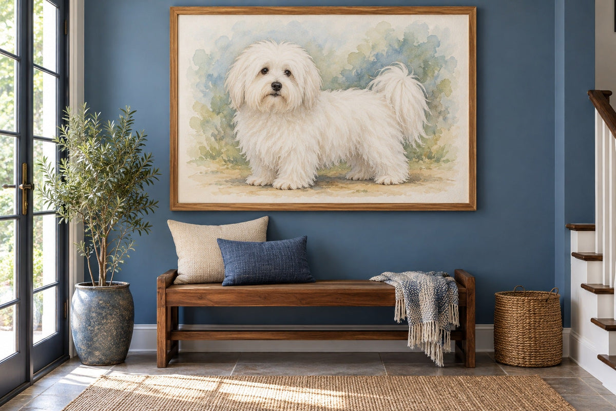 Coton de Tuléar als Wandbild im Stil Aquarell, Raum: blauer Flur
