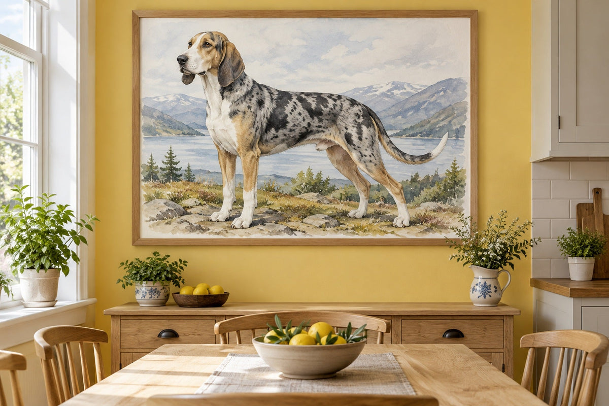 Dunker (Norwegischer Laufhund) als Wandbild im Stil Aquarell, Raum: gelbe Wohnküche