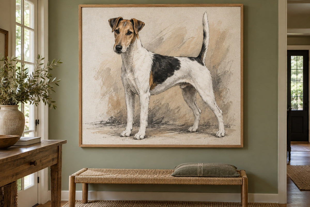 Foxterrier Glatthaar als Wandbild im Stil Kohle-Sketch mit Farbwaschung, Raum: salbeifarbener Flur