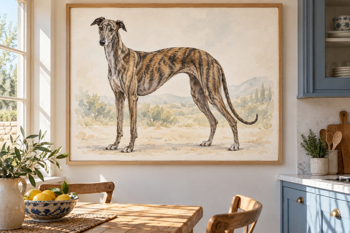 Galgo Español als Wandbild im Stil Aquarell, Raum: blaue Landhausküche