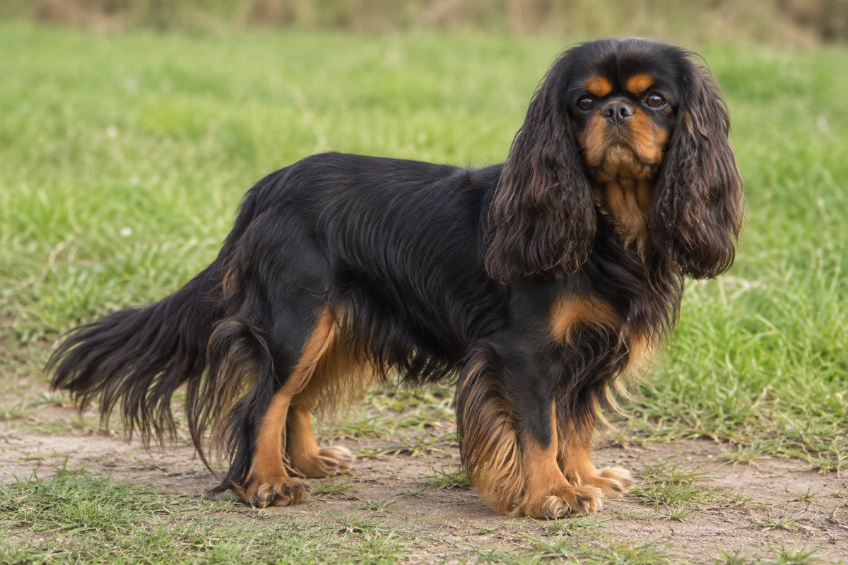 King Charles Spaniel, schwarz mit lohfarbenen Abzeichen, auf einer Wiese