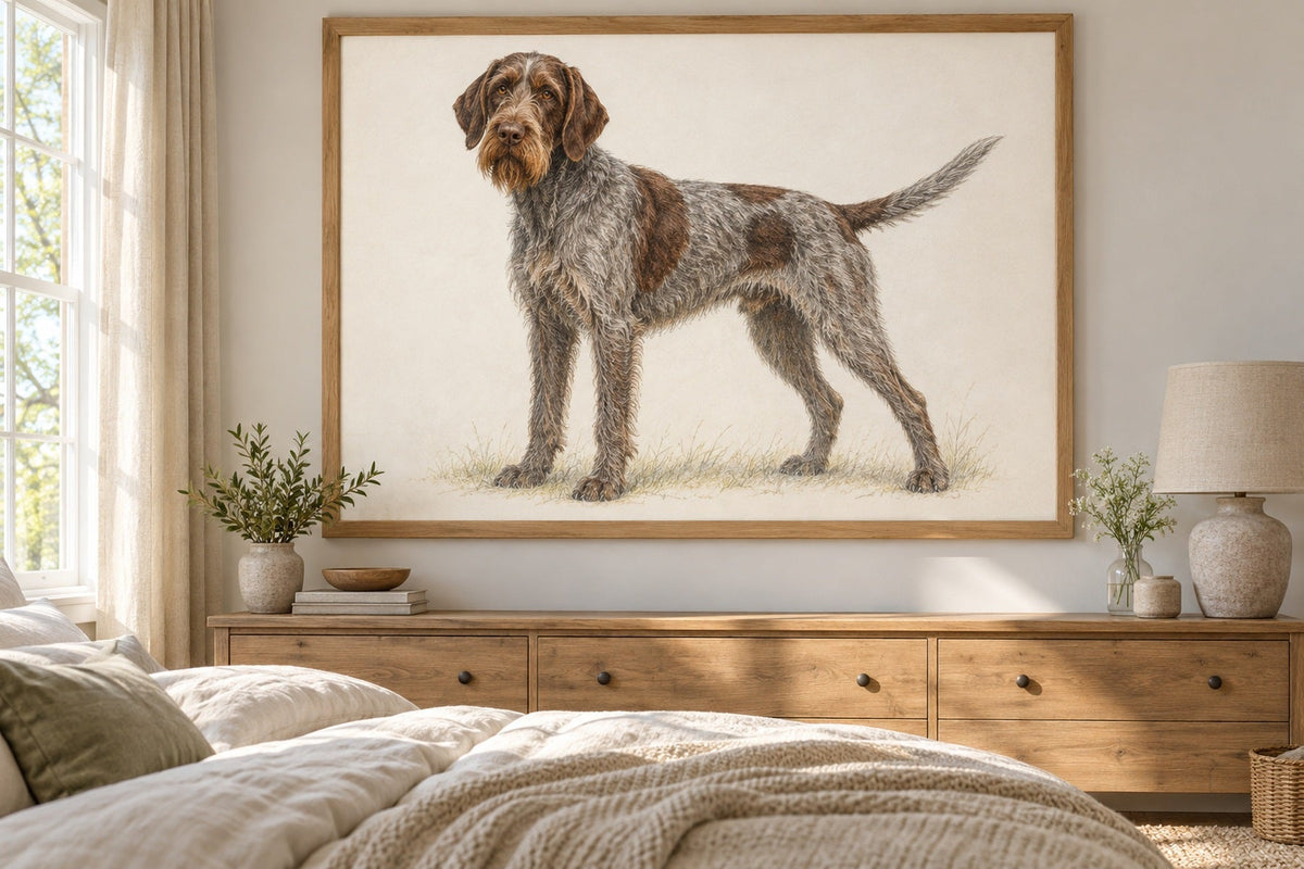 Korthals-Griffon (Französischer rauhhaariger Vorstehhund) als Wandbild im Stil Minimal, feine Farbzeichnung, Raum: sandfarbenes Schlafzimmer
