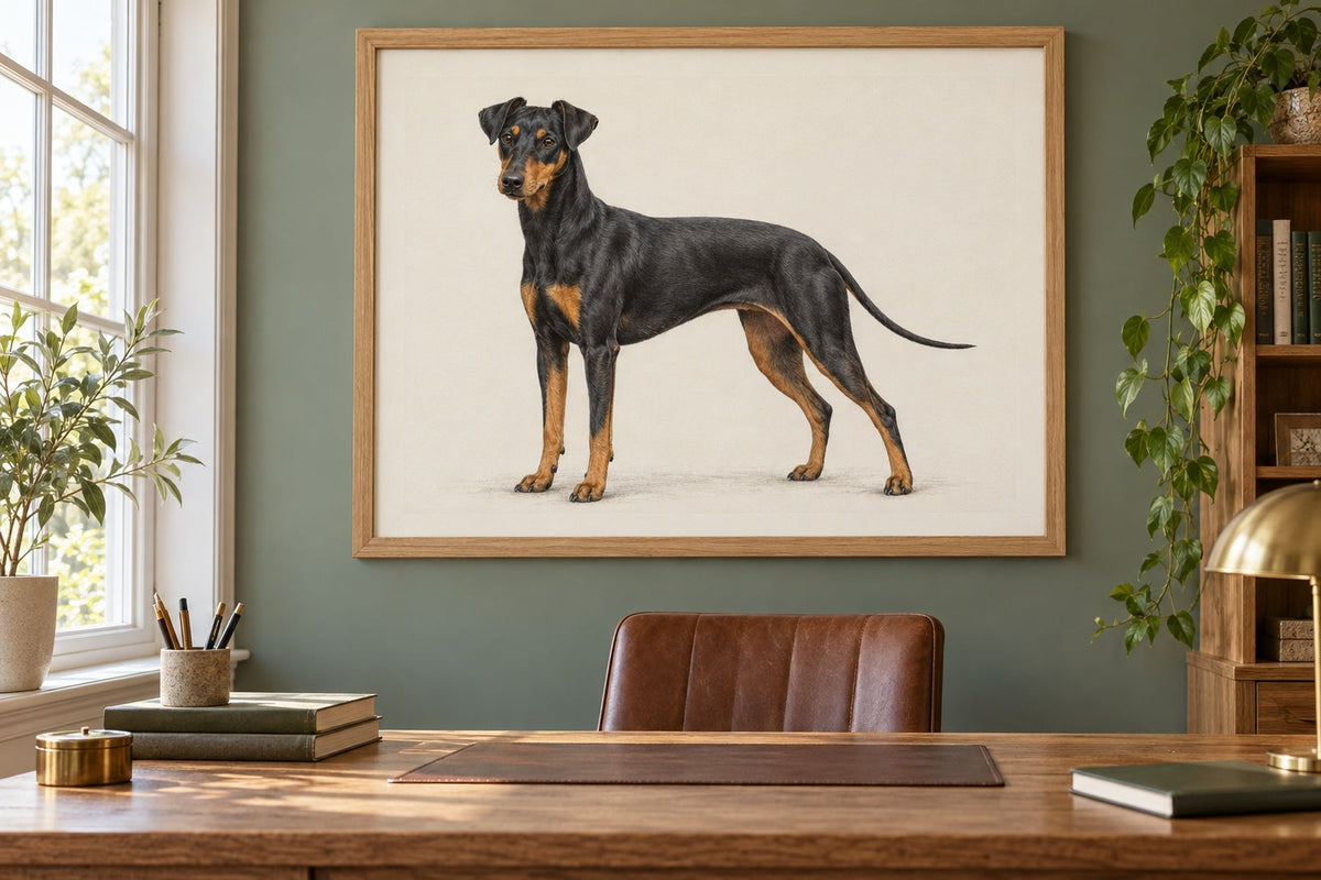 Manchester Terrier als Wandbild im Stil Minimal, feine Farbzeichnung, Raum: salbeifarbenes Arbeitszimmer