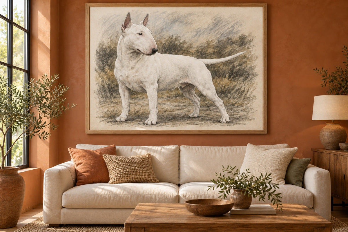 Miniature Bull Terrier als Wandbild im Stil Kohle-Sketch, Raum: terrakottafarbenes Wohnzimmer