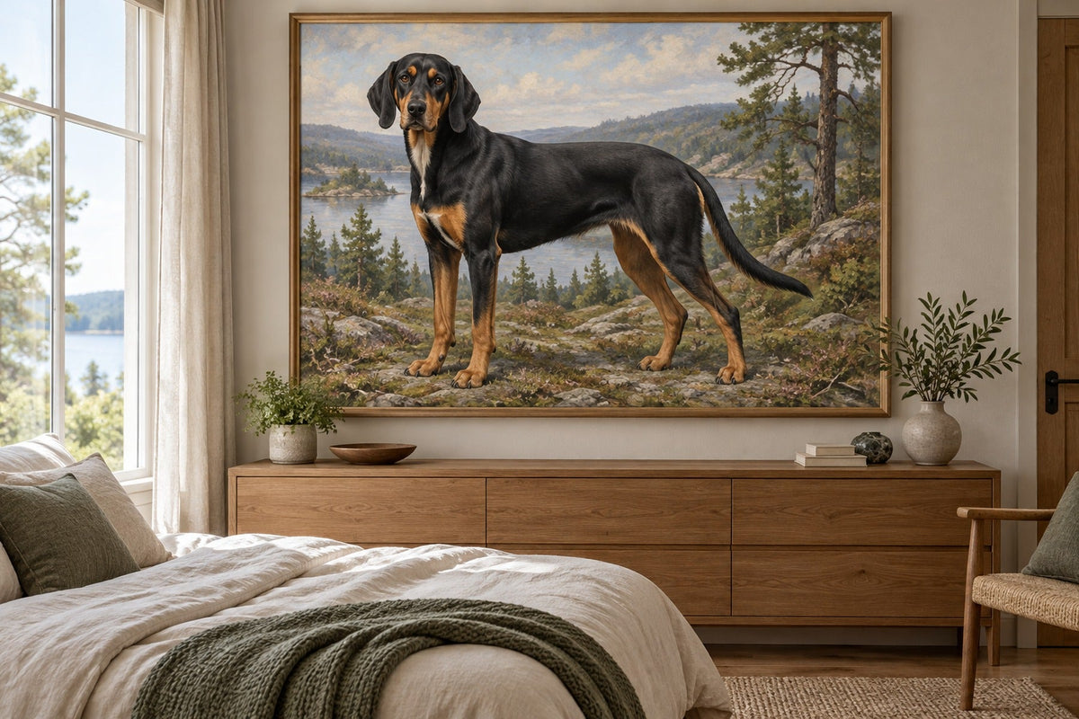 Smålandsstövare als Wandbild im Stil Ölgemälde, Raum: sandfarbenes Schlafzimmer