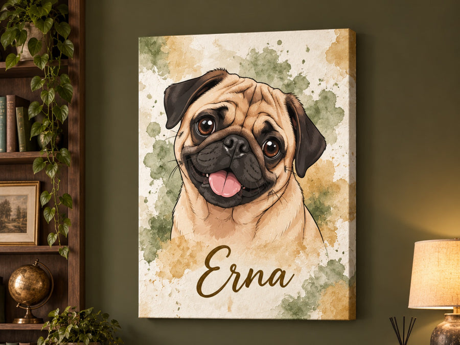 Wandbild auf Leinwand mit Mops im Cartoon-Stil und Namen Erna an der Wohnzimmerwand