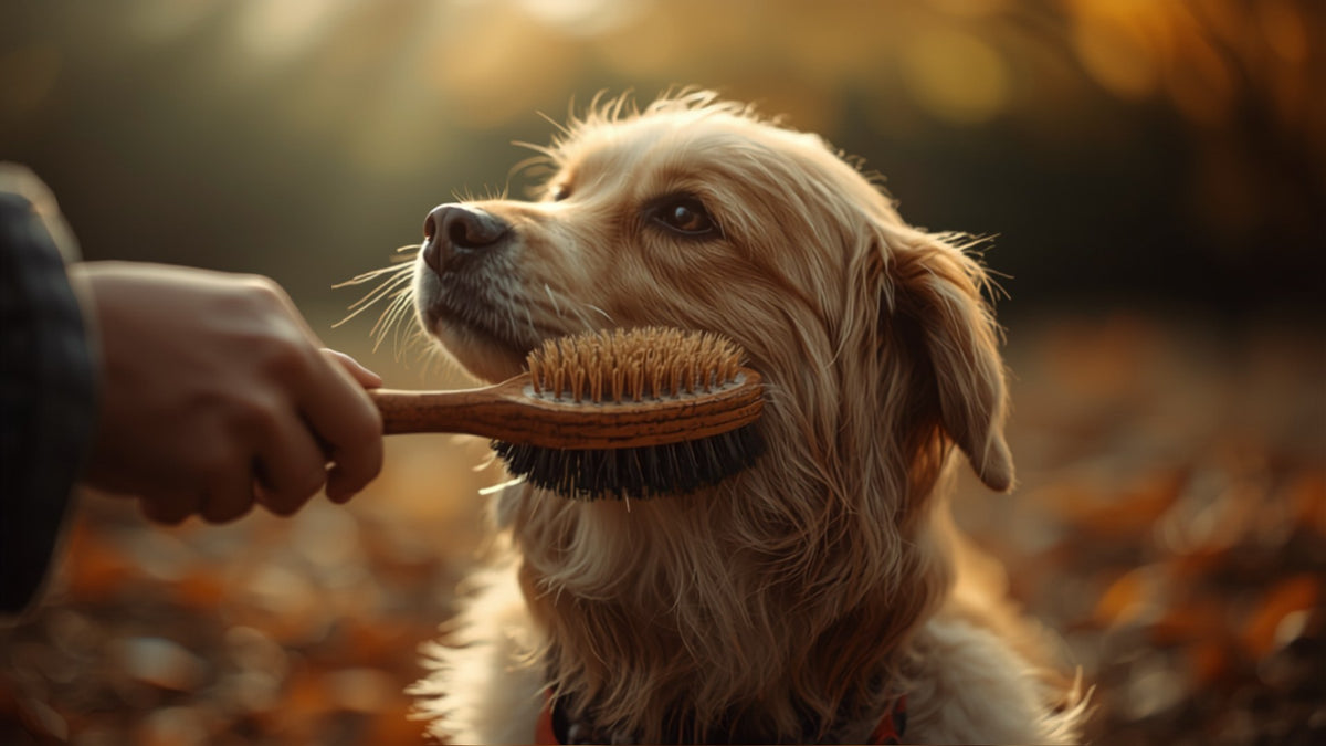 Hund wird im Herbst mit fallendem Laub im Hintergrund gebürstet