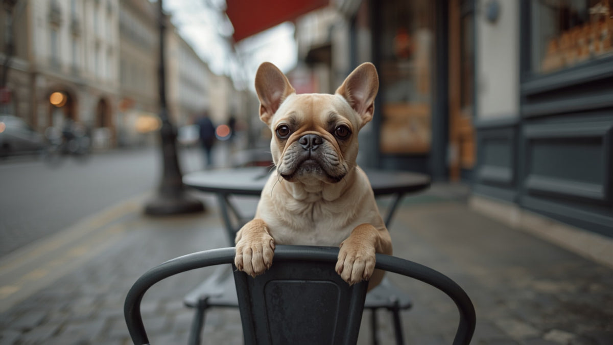 Französische Bulldogge im Straßencafé