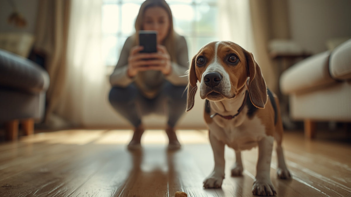 Beagle fotografato con lo smartphone all'altezza degli occhi