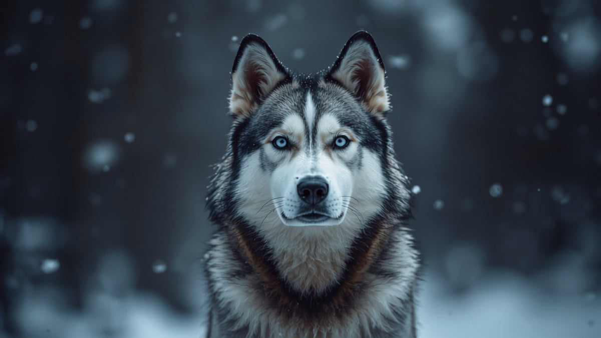 Siberian Husky nella neve al margine del bosco