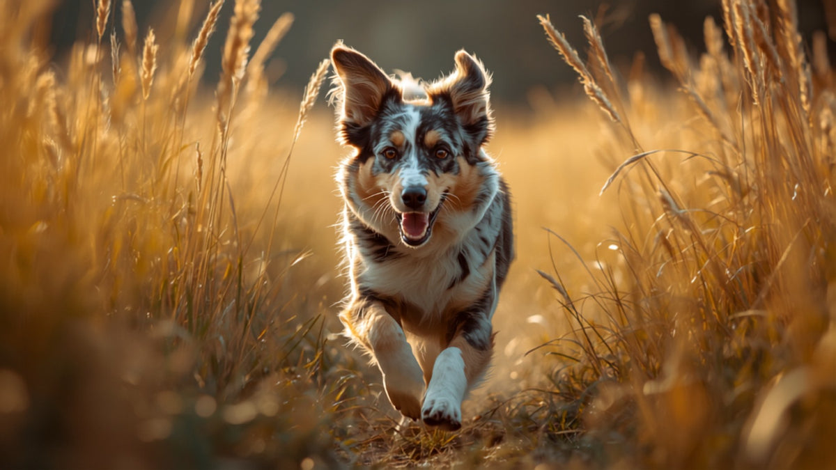 Australian Shepherd che corre nell'erba alta