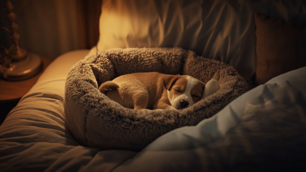 Chiot dormant paisiblement dans son panier, juste à côté du lit de ses maîtres, la première nuit