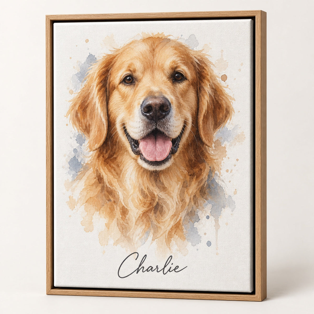 Tierportrait eines Golden Retrievers im Aquarellstil als gerahmte Leinwand