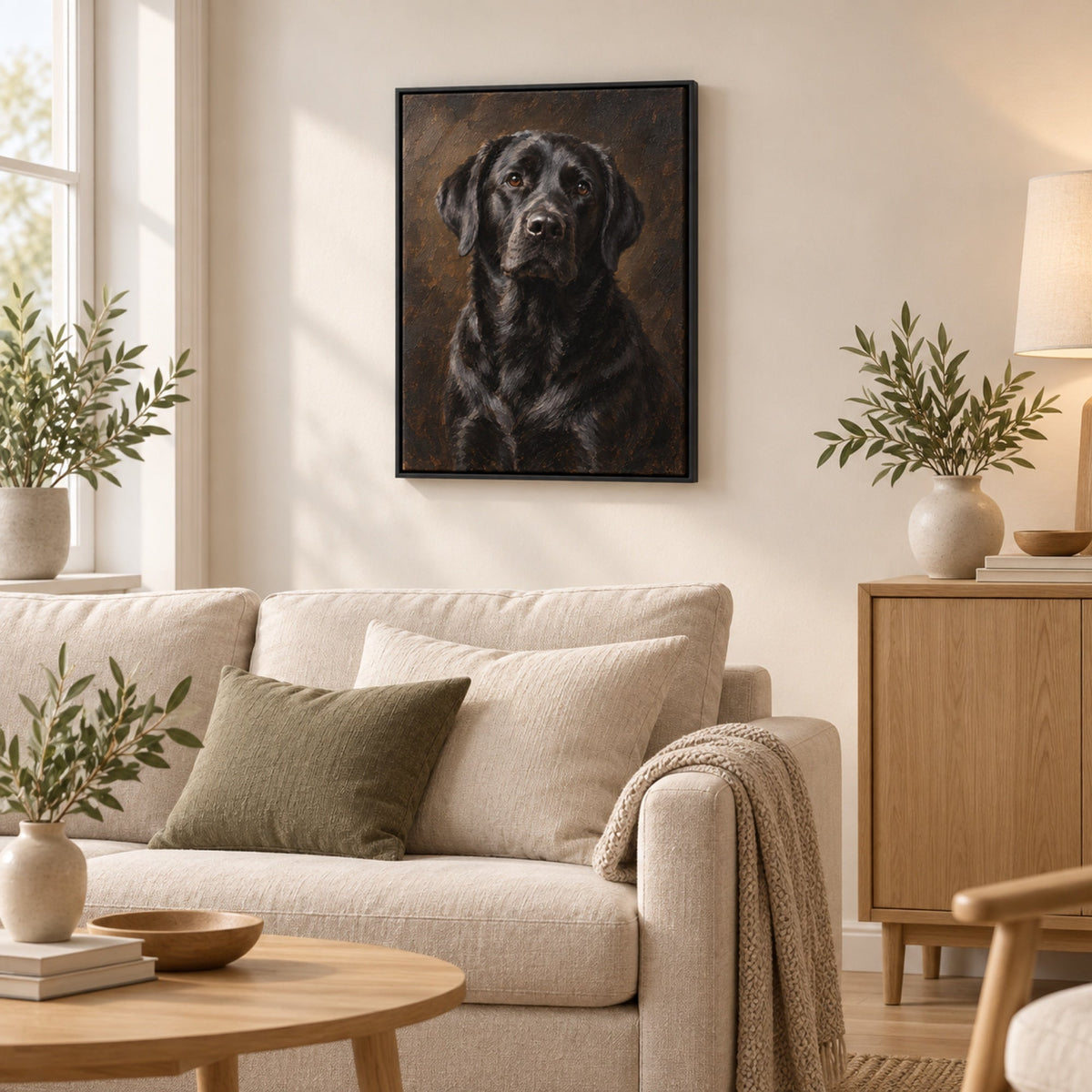 Hundeportrait im Ölgemälde-Stil als gerahmte Leinwand im Schlafzimmer, schwarzer Labrador