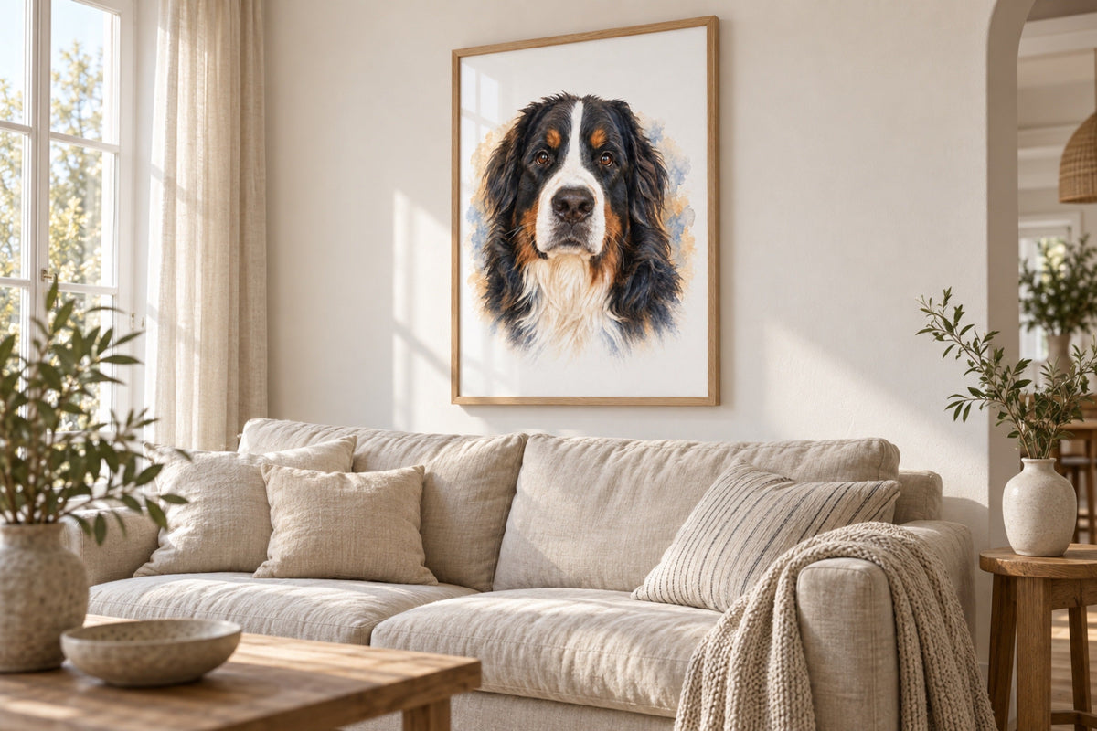 Bernese Mountain Dog portrait in Watercolour style, framed above a sofa