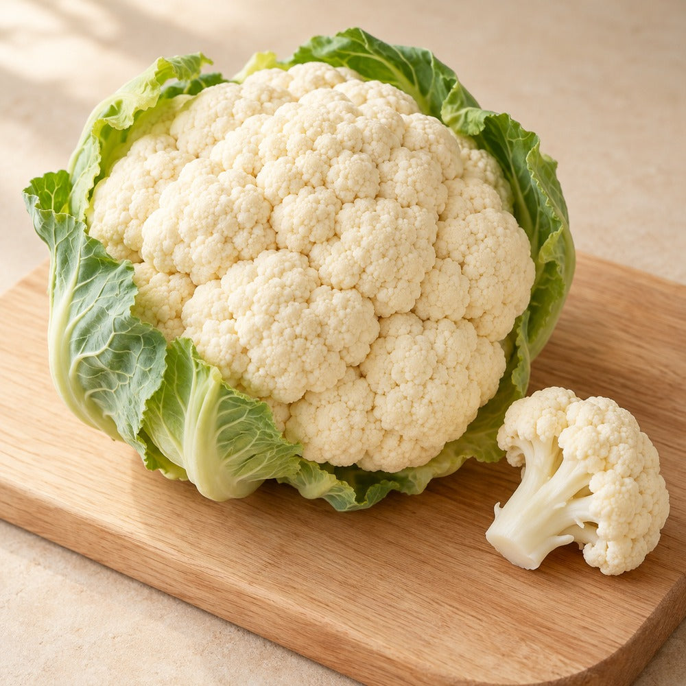 Blumenkohl auf einem hellen Holzbrett