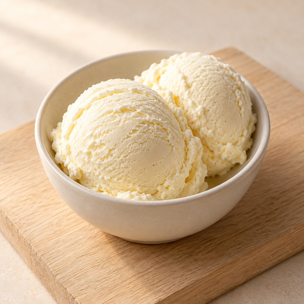 Eis auf einem hellen Holzbrett