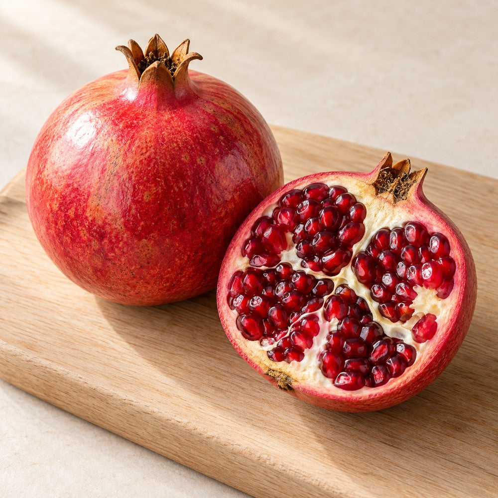 Granatapfel auf einem hellen Holzbrett