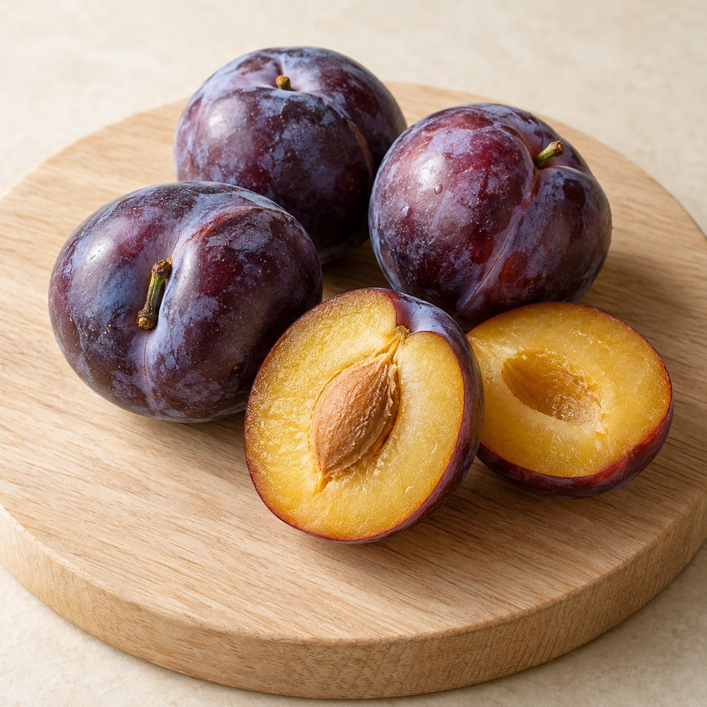 Pflaumen auf einem hellen Holzbrett