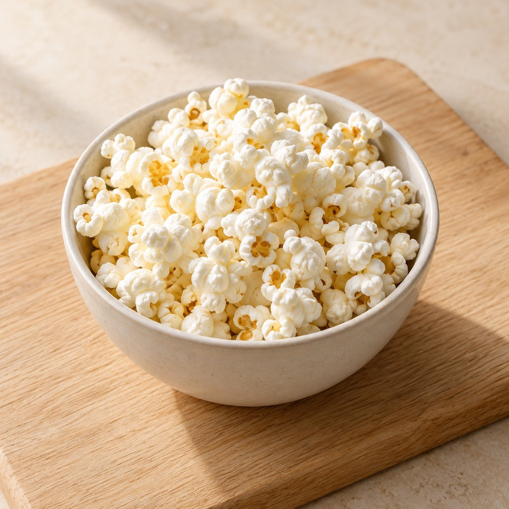 Popcorn auf einem hellen Holzbrett