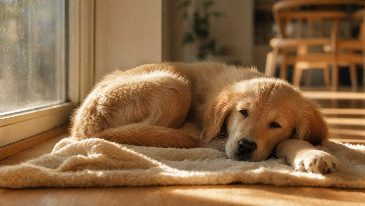 Cucciolo di Golden Retriever che dorme su una coperta di lana alla luce della sera