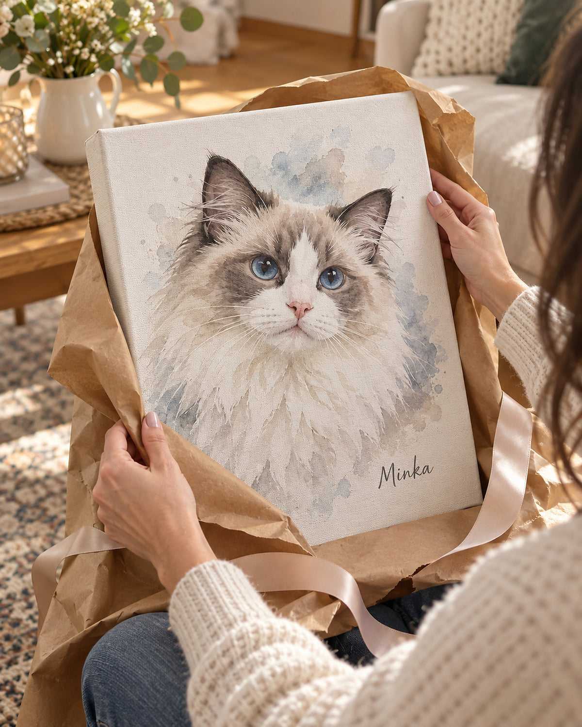 Portrait de chat sur toile déballé comme cadeau