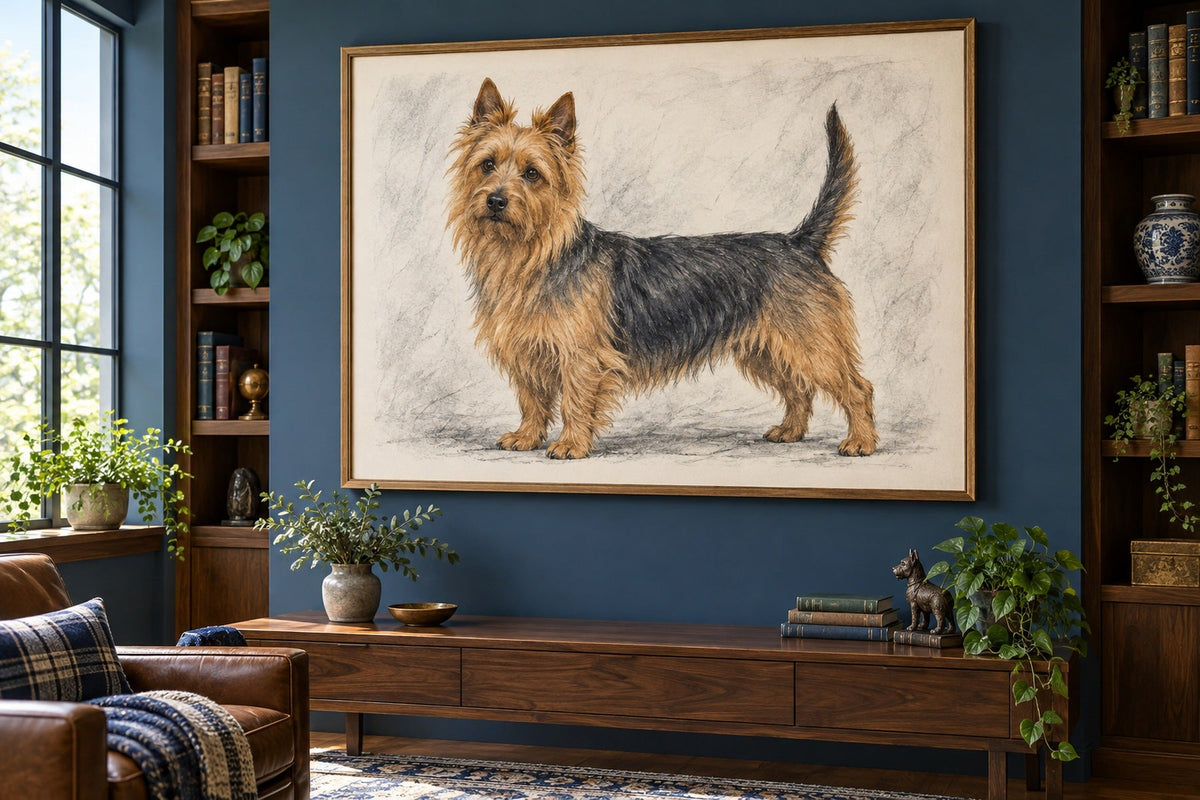 Australian Terrier als Wandbild im Stil Kohle-Sketch, Raum: blaues Arbeitszimmer