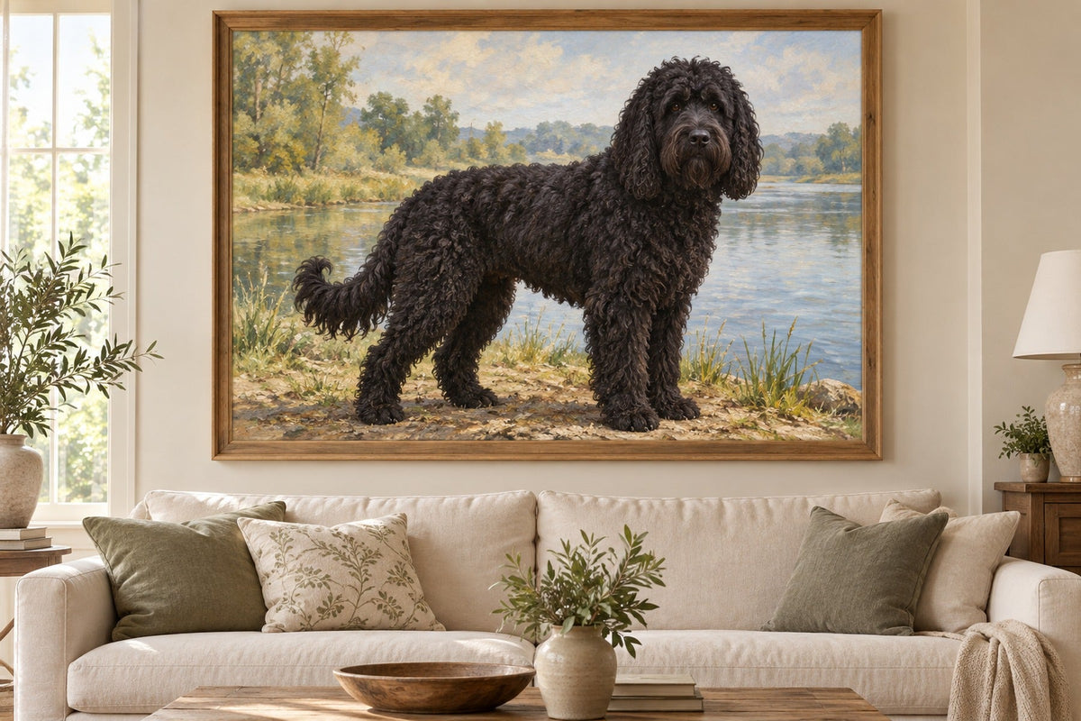 Barbet (Französischer Wasserhund) als Wandbild im Stil Ölgemälde, Raum: cremefarbenes Wohnzimmer