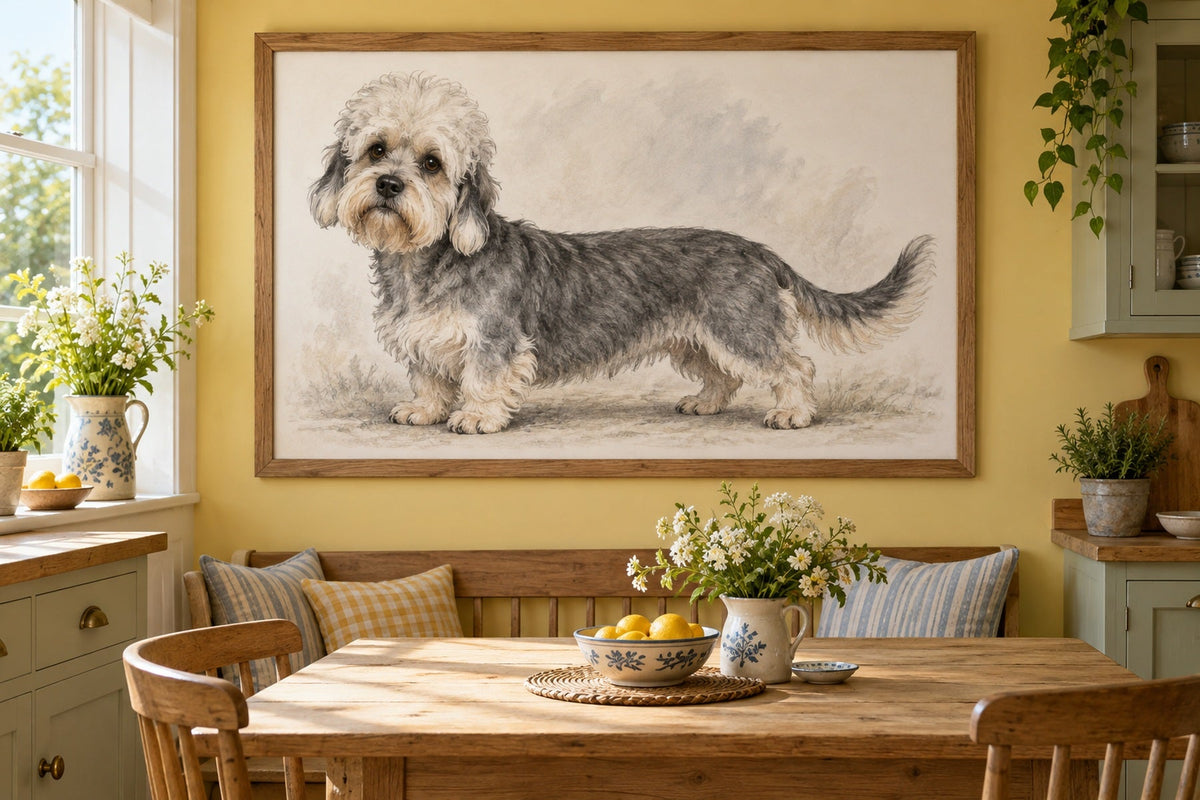 Dandie Dinmont Terrier als Wandbild im Stil Kohle-Sketch, Raum: gelbe Wohnküche