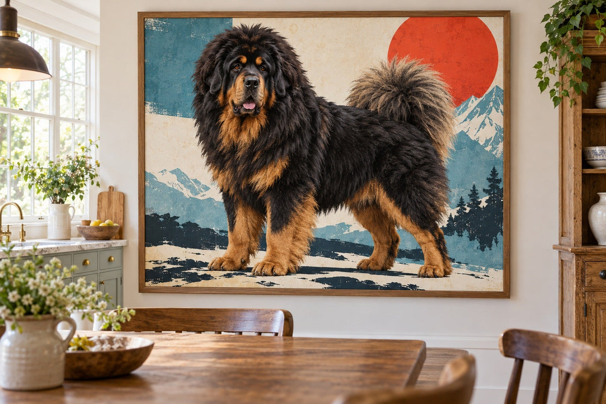Do Khyi (Tibetdogge) als Wandbild im Stil Pop-Art, Raum: helle Landhausküche