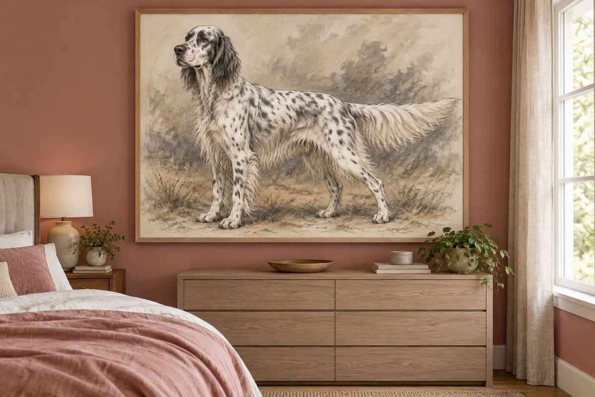 English Setter als Wandbild im Stil Kohle-Sketch, Raum: altrosafarbenes Schlafzimmer