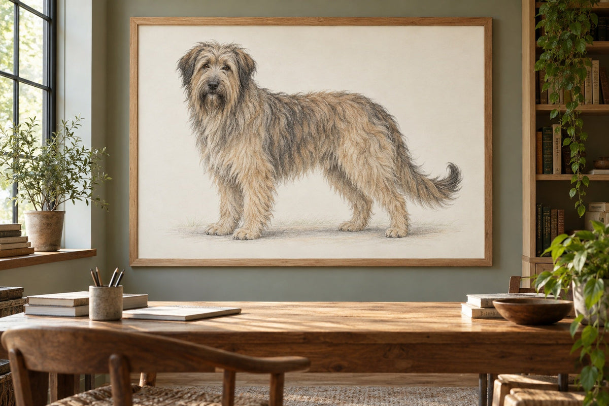 Katalanischer Schäferhund als Wandbild im Stil Minimal, feine Farbzeichnung, Raum: salbeifarbenes Arbeitszimmer