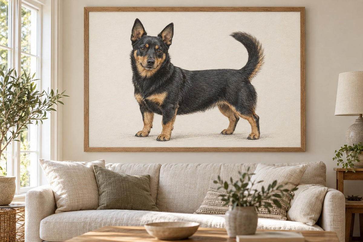 Lancashire Heeler als Wandbild im Stil Minimal, feine Farbzeichnung, Raum: cremefarbenes Wohnzimmer