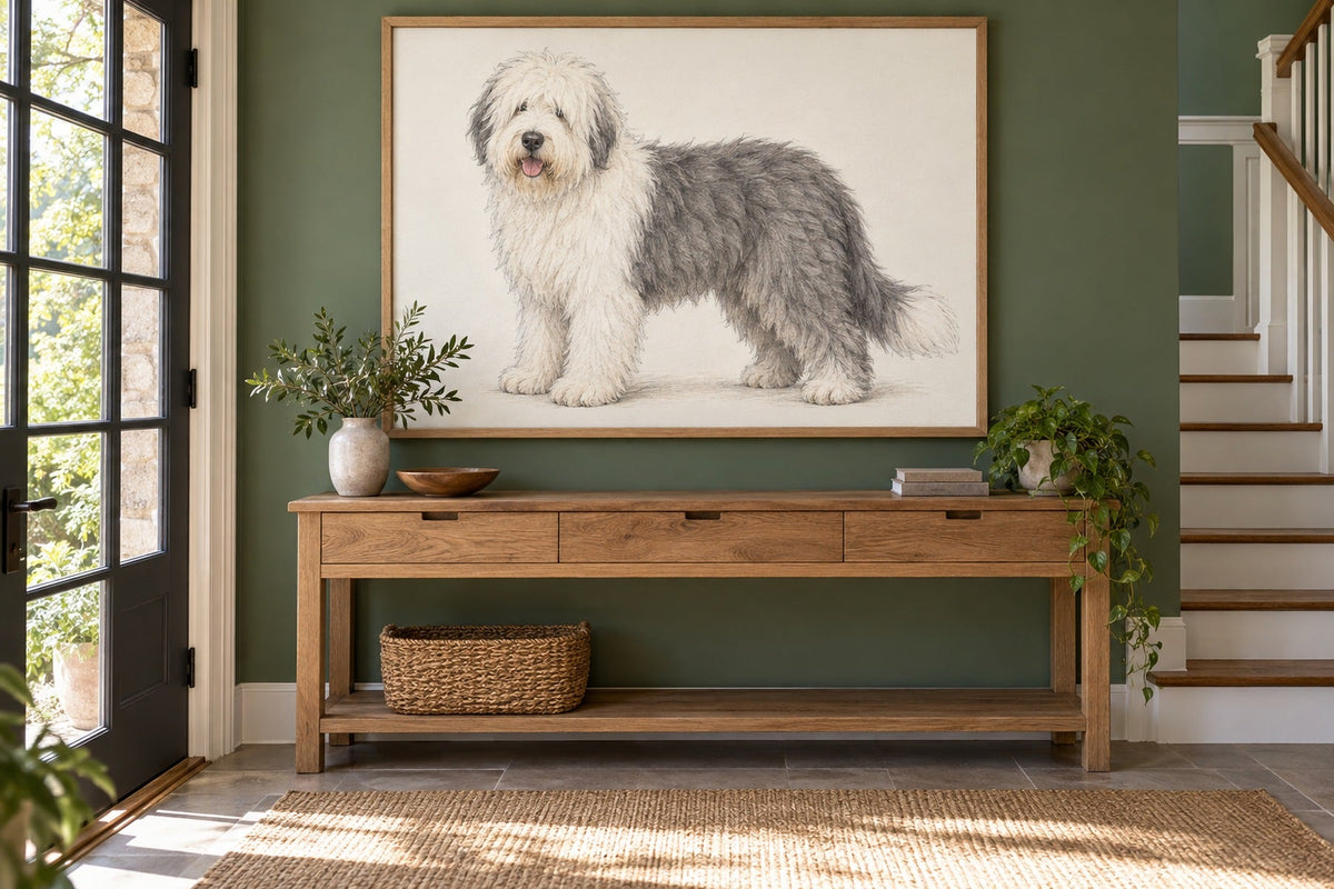 Old English Sheepdog als Wandbild im Stil Minimal, feine Farbzeichnung, Raum: grüner Flur