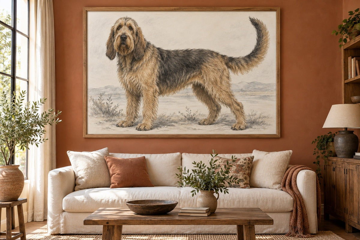 Otterhund als Wandbild im Stil Kohle-Sketch, Raum: terrakottafarbenes Wohnzimmer