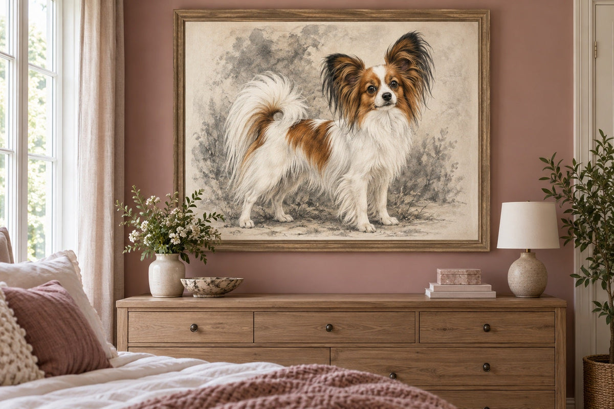 Papillon als Wandbild im Stil Kohle-Sketch, Raum: altrosafarbenes Schlafzimmer